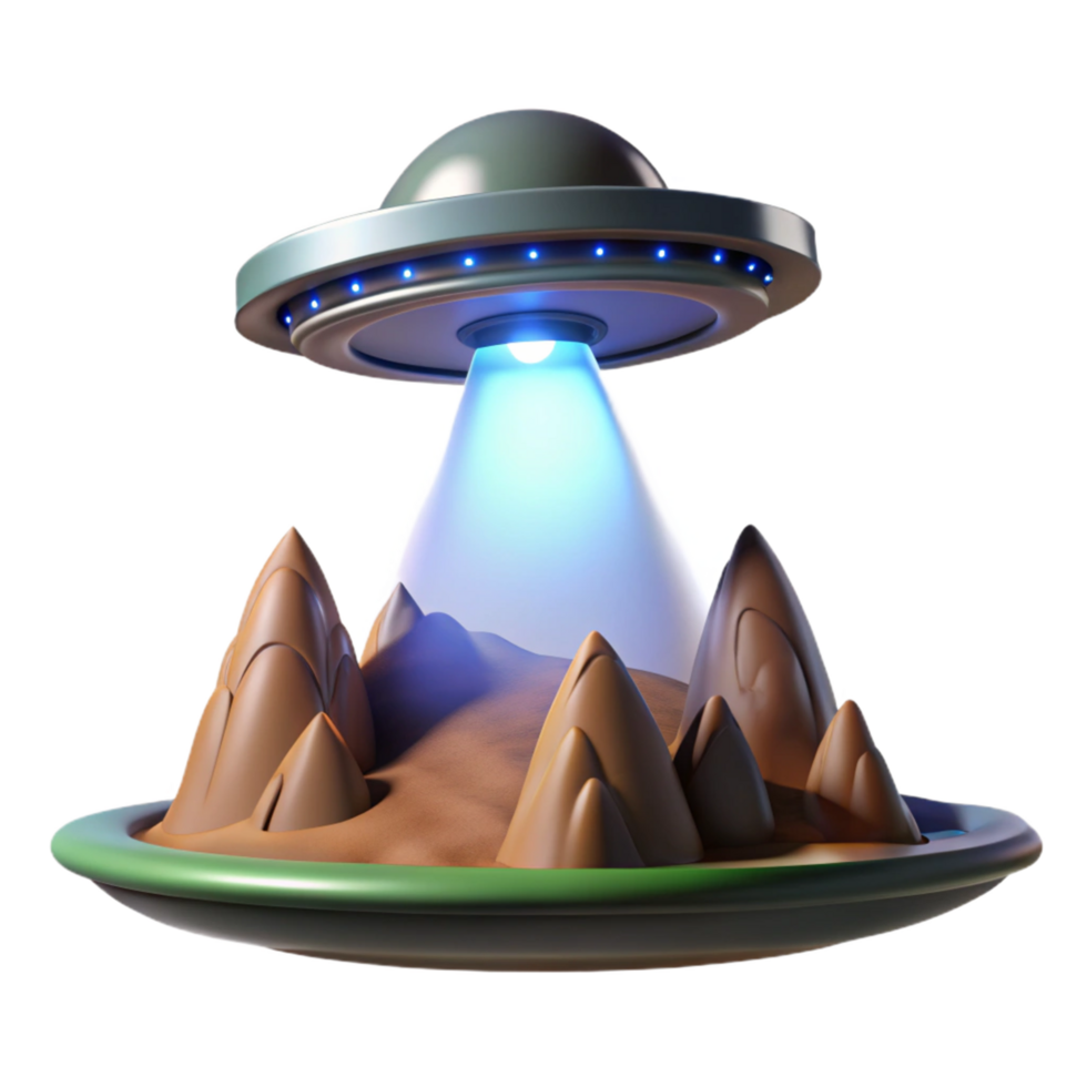 UFO Over Mountain Landscape A dynamic depiction of a UFO navigating a world of mountain landscapes, capturing the essence of mystery in a digital world. png