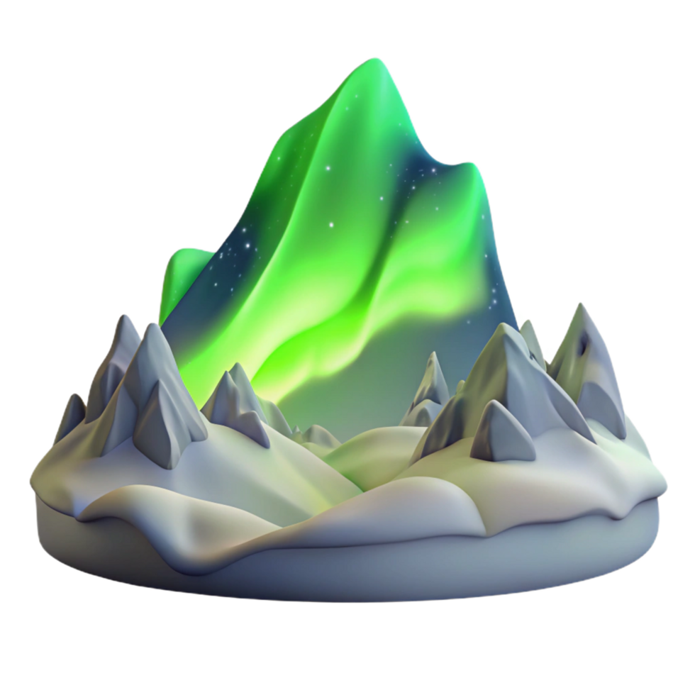 Aurora Borealis Mountain Scene A serene 3D render of a mountain scene under the aurora borealis, capturing its enchanting beauty and ethereal atmosphere. png