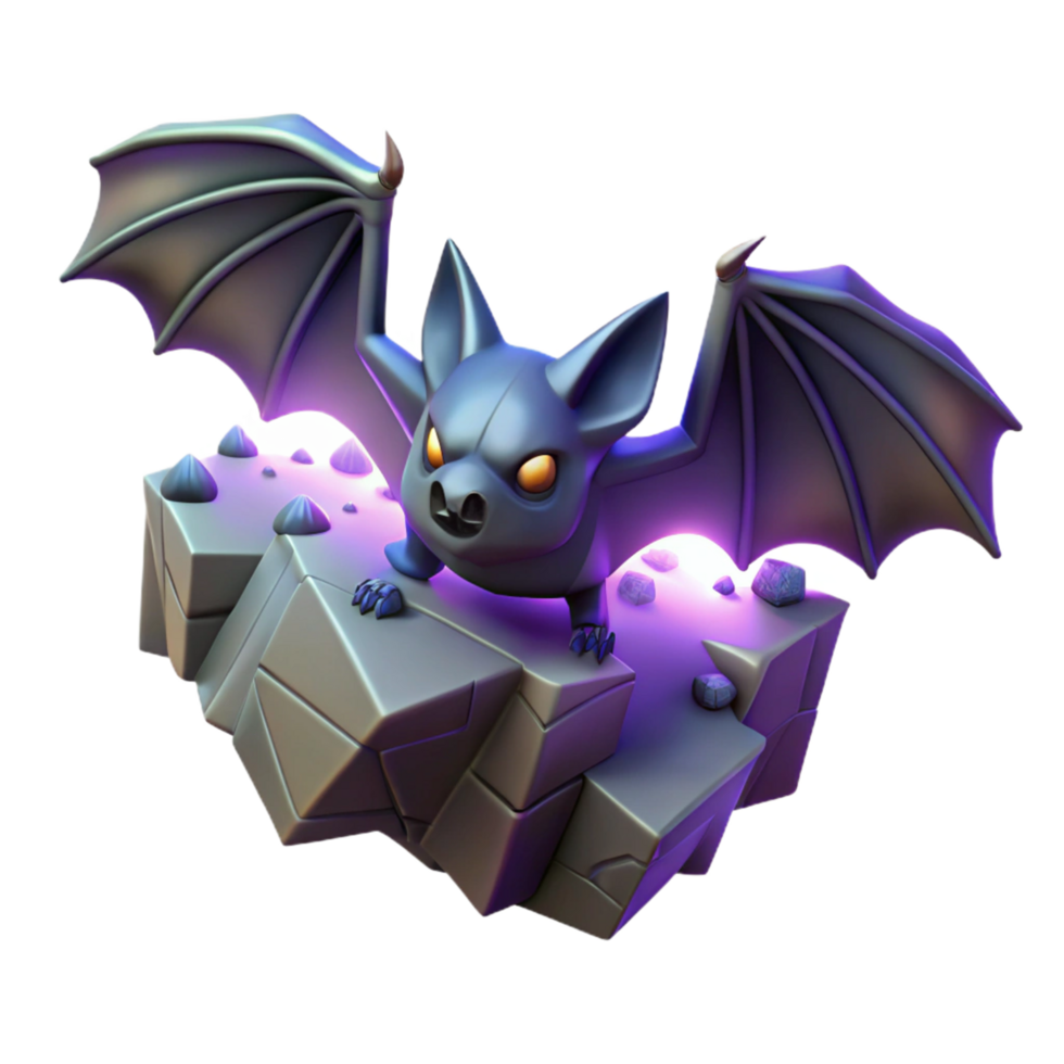 Glowing Bat on Rocks A radiant bat navigating a world of rocks, its wings glowing with vibrant colors in a digital world. png