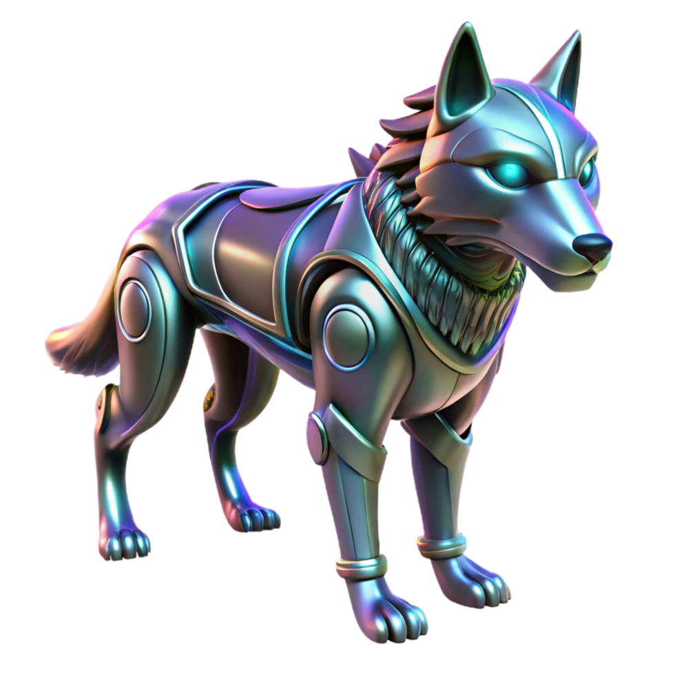 Cybernetic Wolf Robotic Canine A futuristic 3D depiction of a cybernetic wolf, showcasing its advanced mechanical design and regal presence. png