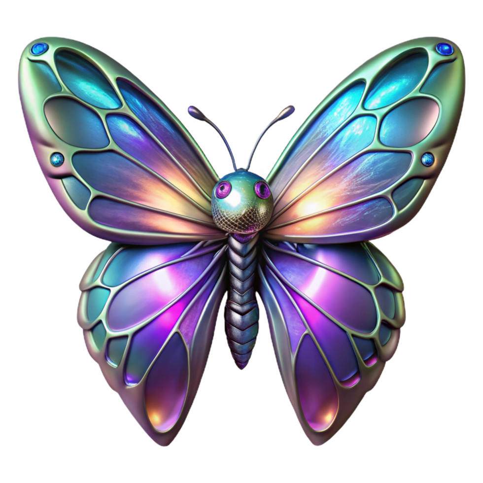 Metallic Butterfly Iridescent Wings A radiant butterfly with metallic, iridescent wings, navigating the digital garden with grace. png