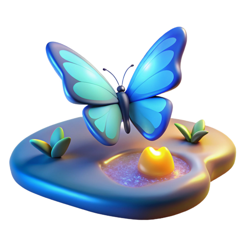 Butterfly on a Pond A serene 3D render of a butterfly resting on a pond, highlighting its delicate beauty and tranquil setting. png