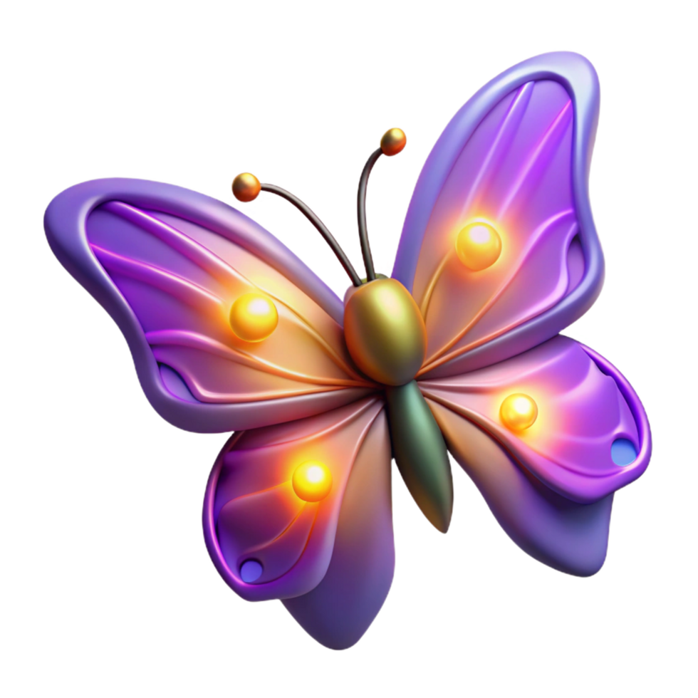 Glowing Purple Butterfly 3D Render A radiant butterfly with wings that glow with vibrant purple colors, navigating the digital garden in a stunning render. png