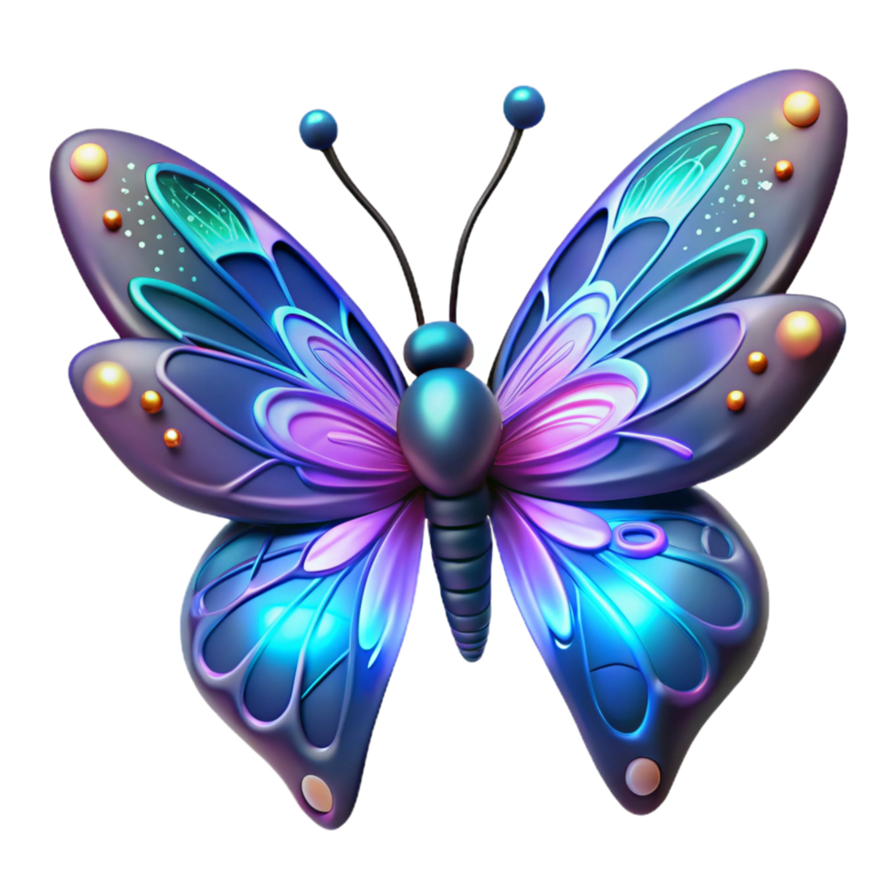 Glowing Butterfly 3D Render A captivating 3D render of a butterfly with radiant wings, showcasing its ethereal beauty and luminescent colors. png
