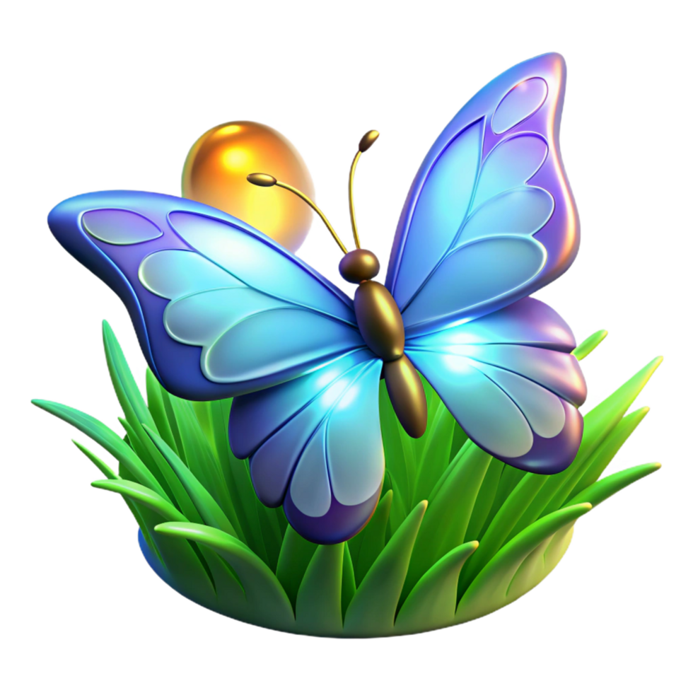Blue Butterfly on Grass A serene depiction of a butterfly navigating a field of grass, captured in a stunning three-dimensional render. png