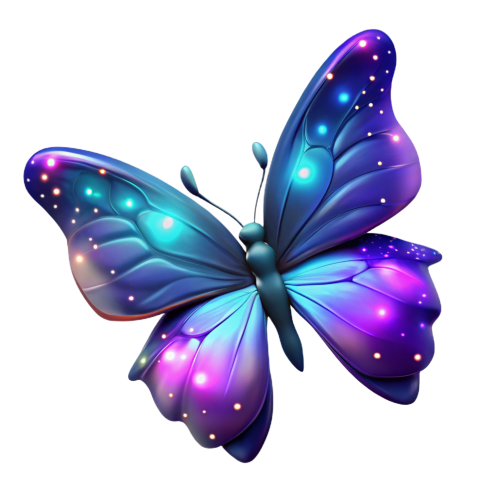 Glowing Butterfly Purple, Blue Wings A captivating 3D render of a butterfly with glowing purple and blue wings, highlighting its ethereal beauty. png