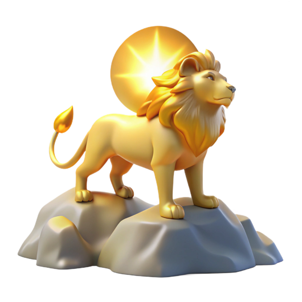 Golden Lion Sun Sculpture A majestic 3D depiction of a golden lion sun sculpture, highlighting its regal presence and shimmering beauty. png