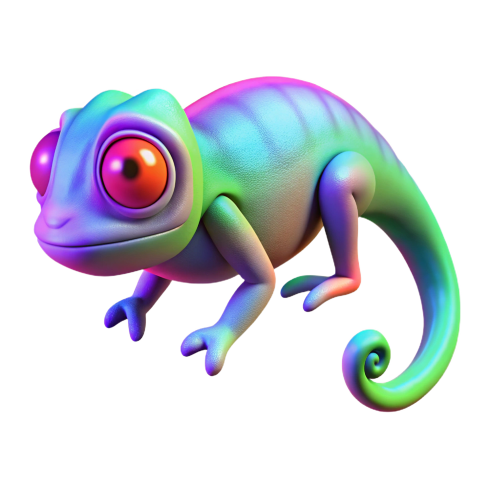 Rainbow Chameleon 3D Render A vibrant depiction of a chameleon navigating the digital jungle, its scales glowing with rainbow colors in a stunning render. png