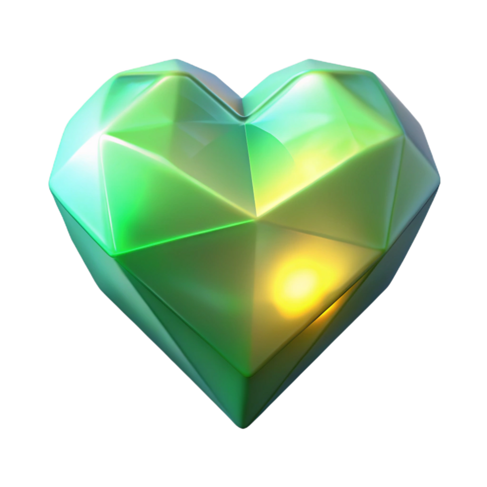 Green Gem Heart with Facets and Glow in a Radiant Three Dimensional Scene png