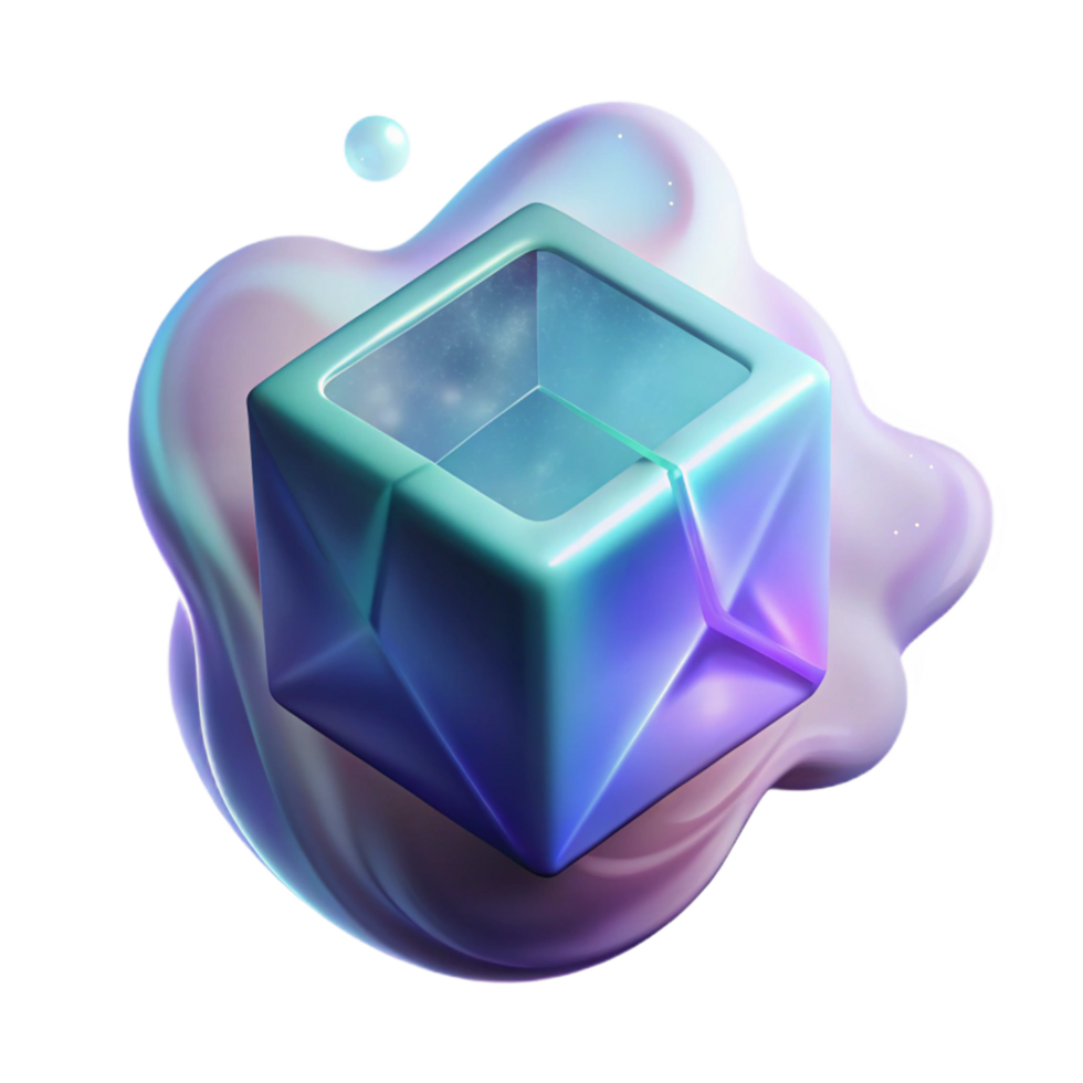 Abstract 3D Cube in Fluid A dynamic depiction of a cube navigating a fluid world, captured in abstract three-dimensional art. png