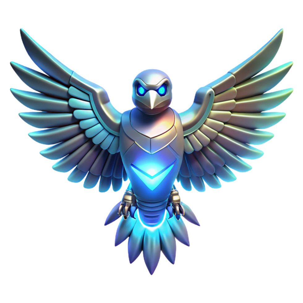 Cybernetic Bird Digital Wings A futuristic bird navigating the digital sky, its wings glowing with cybernetic energy in a digital world. png
