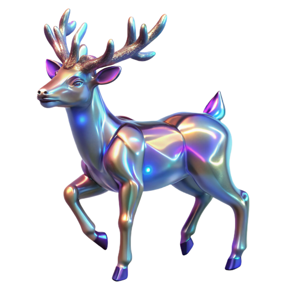 Iridescent Deer Figurine 3D Render A radiant deer crafted as a figurine, its fur shimmering with iridescent colors in a digital world. png