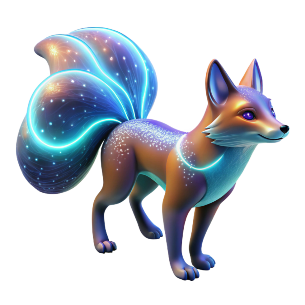 Glowing Fox with Nine Tails in a Mesmerizing Three Dimensional Scene of Mythical Beauty png