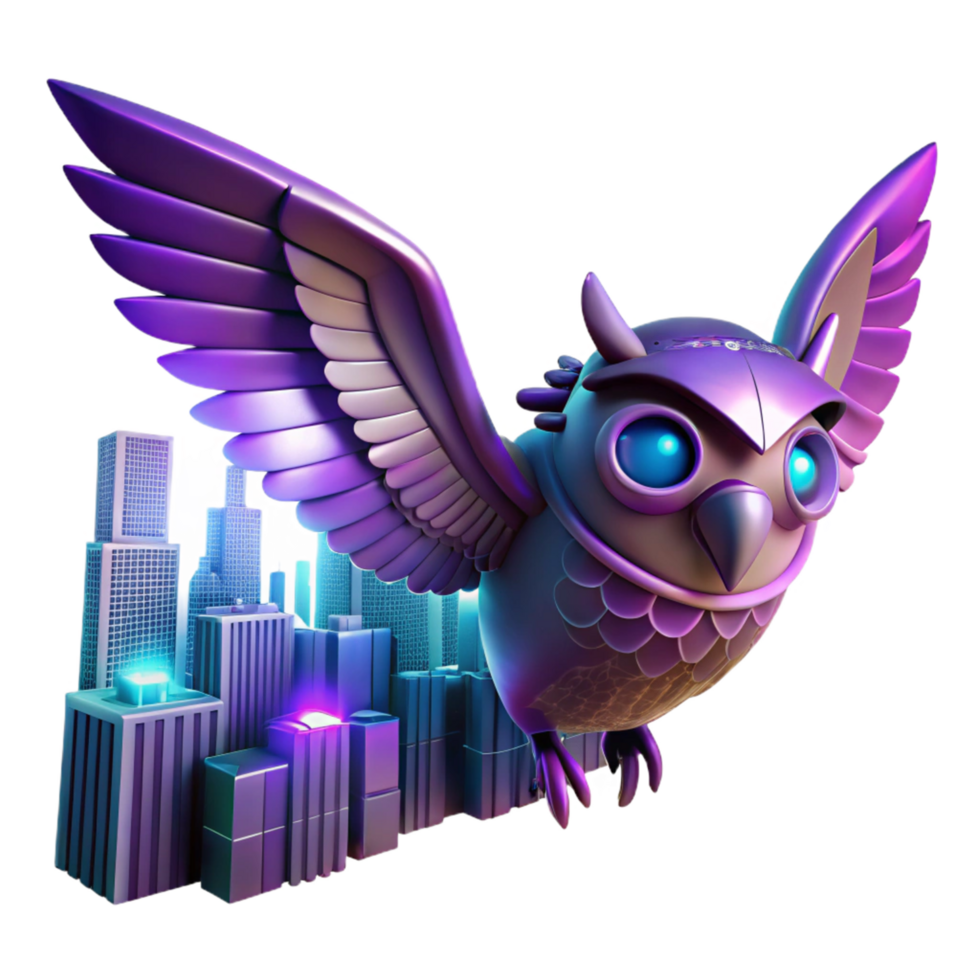 Cyber Owl Soars Over Cityscape A dynamic 3D render of a cyber owl soaring over a cityscape, blending futuristic elements with urban design. png
