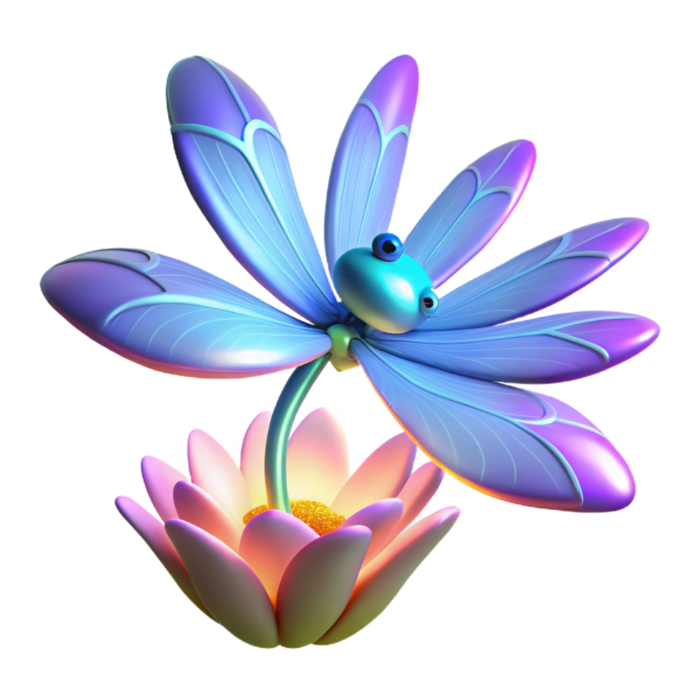Dragonfly on Lotus Flower A serene 3D render of a dragonfly resting on a lotus flower, highlighting its delicate beauty and tranquil setting. png
