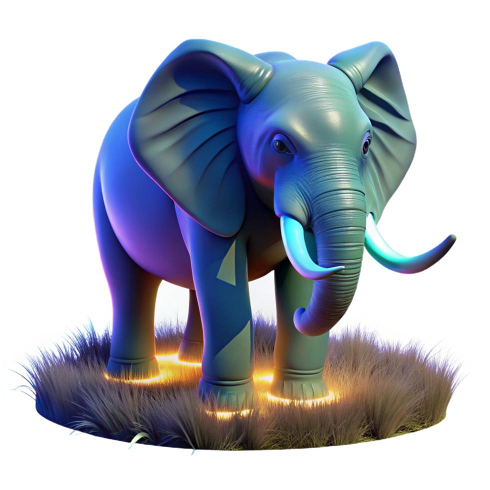Glowing Elephant in Grass A majestic elephant with fur that glows with vibrant colors, navigating the digital grassland in a stunning render. png