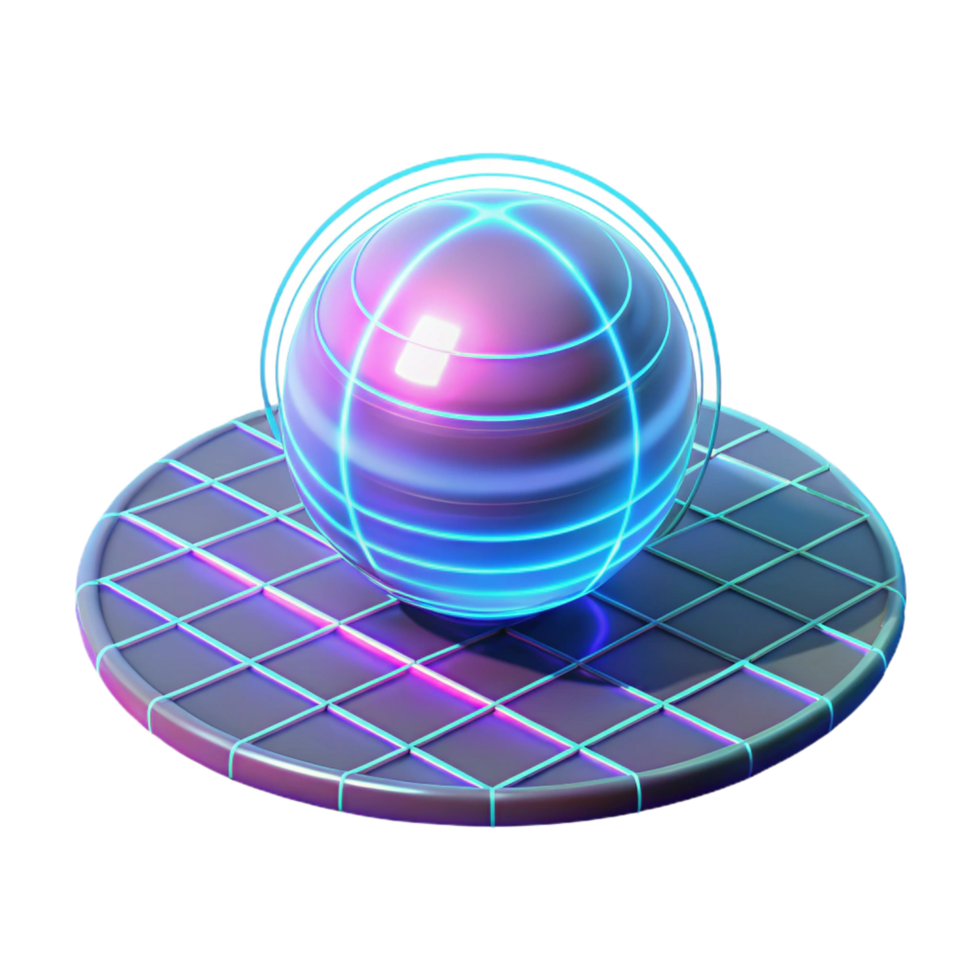 Neon Sphere on Grid 3D Render A dynamic depiction of a sphere glowing with neon colors, perched on a grid in a stunning three-dimensional render. png