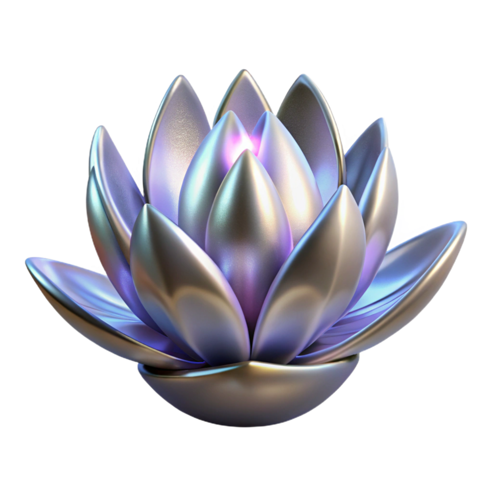 Metallic Lotus Bloom 3D Render A stunning 3D depiction of a metallic lotus bloom, highlighting its elegant design and shimmering presence. png