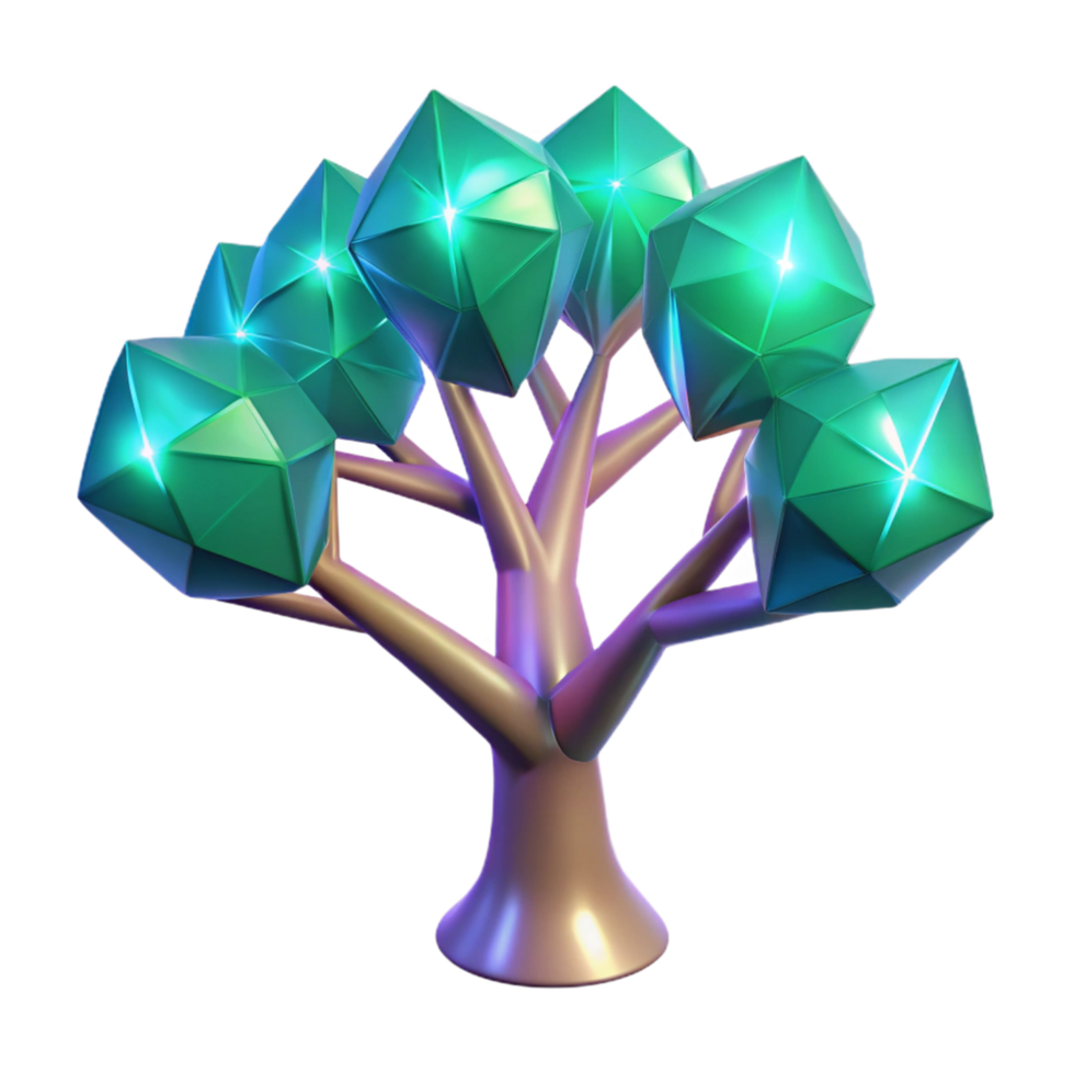 Glowing Crystal Tree 3D Render A radiant tree made of crystals, brought to life in a stunning three-dimensional render. png