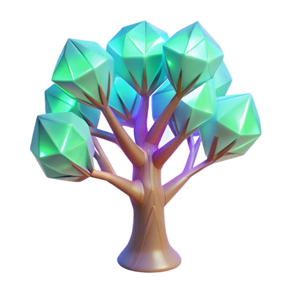 Gemstone Tree 3D Render A radiant tree crafted from gemstones, illuminating the digital realm with its vibrant light. png