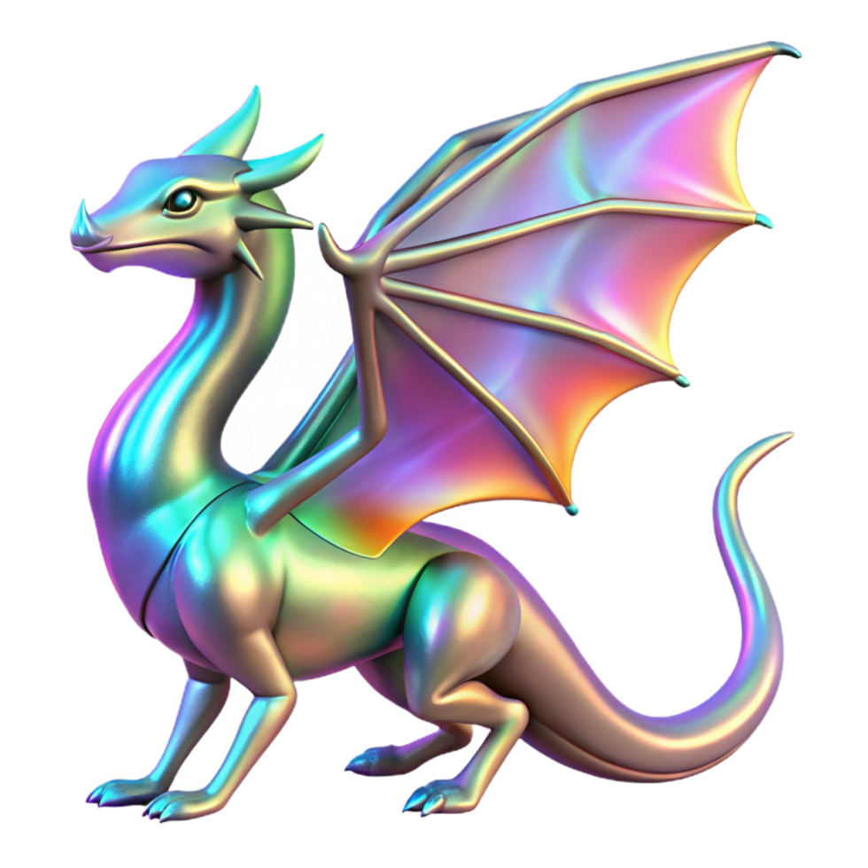 Iridescent Dragon 3D Model A stunning 3D model of a dragon with iridescent features, showcasing a spectrum of colors and ethereal beauty. png