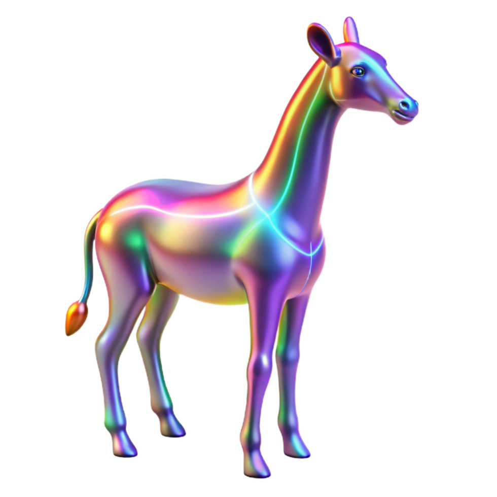 Iridescent Giraffe 3D Render A radiant giraffe navigating the digital savannah, its skin shimmering with iridescent colors in a stunning render. png