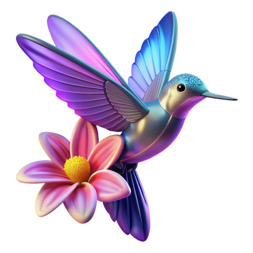 Hummingbird and Flower 3D Art A radiant depiction of a hummingbird navigating a flower, captured in stunning three-dimensional art. png