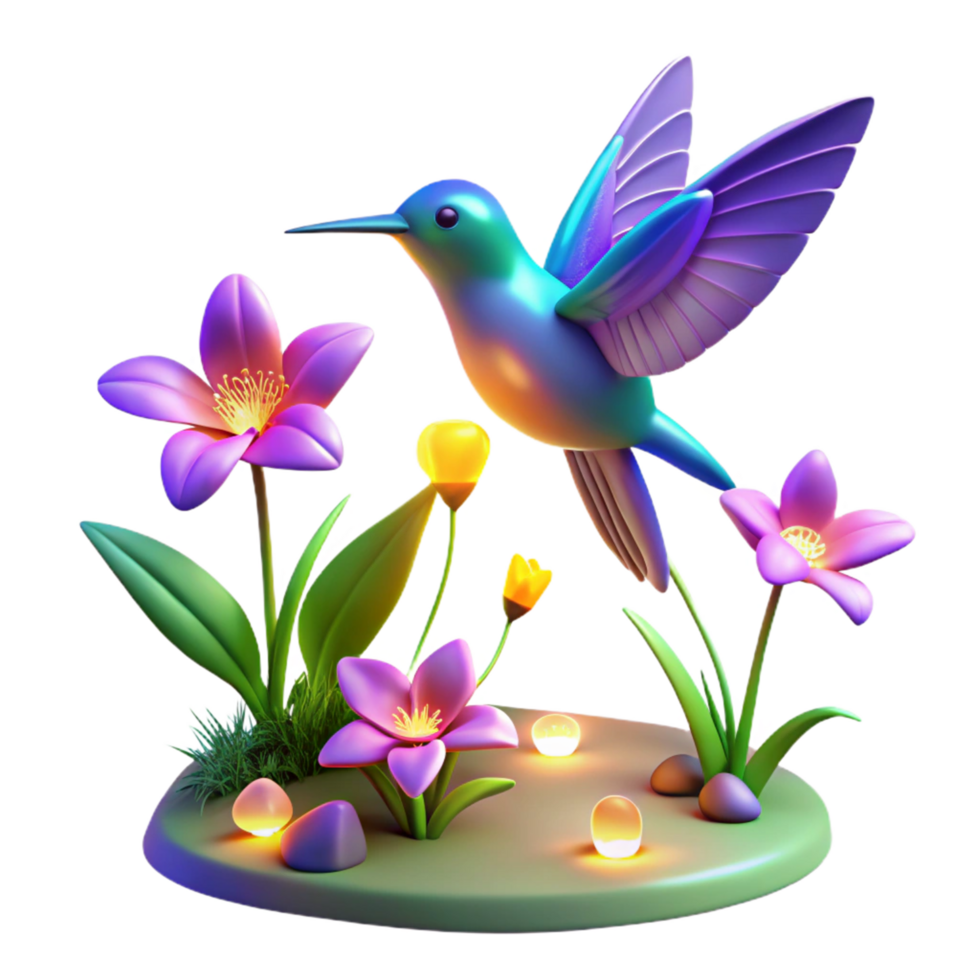 Hummingbird Flowers 3D Render A serene depiction of a hummingbird navigating a world of flowers, captured in a stunning three-dimensional render. png