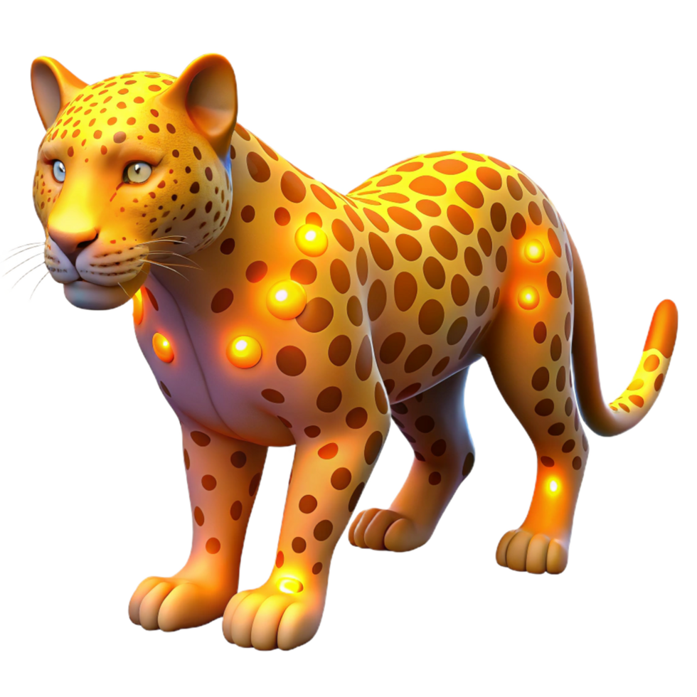 Glowing Leopard Jungle Cat A majestic leopard with fur that glows with vibrant colors, navigating the digital jungle in a stunning render. png