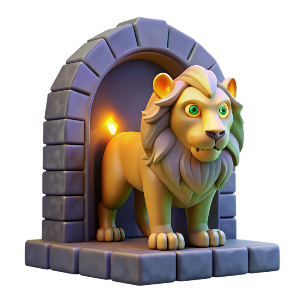 Cartoon Lion in Stone Archway with Playful Expression and Majestic Pose png