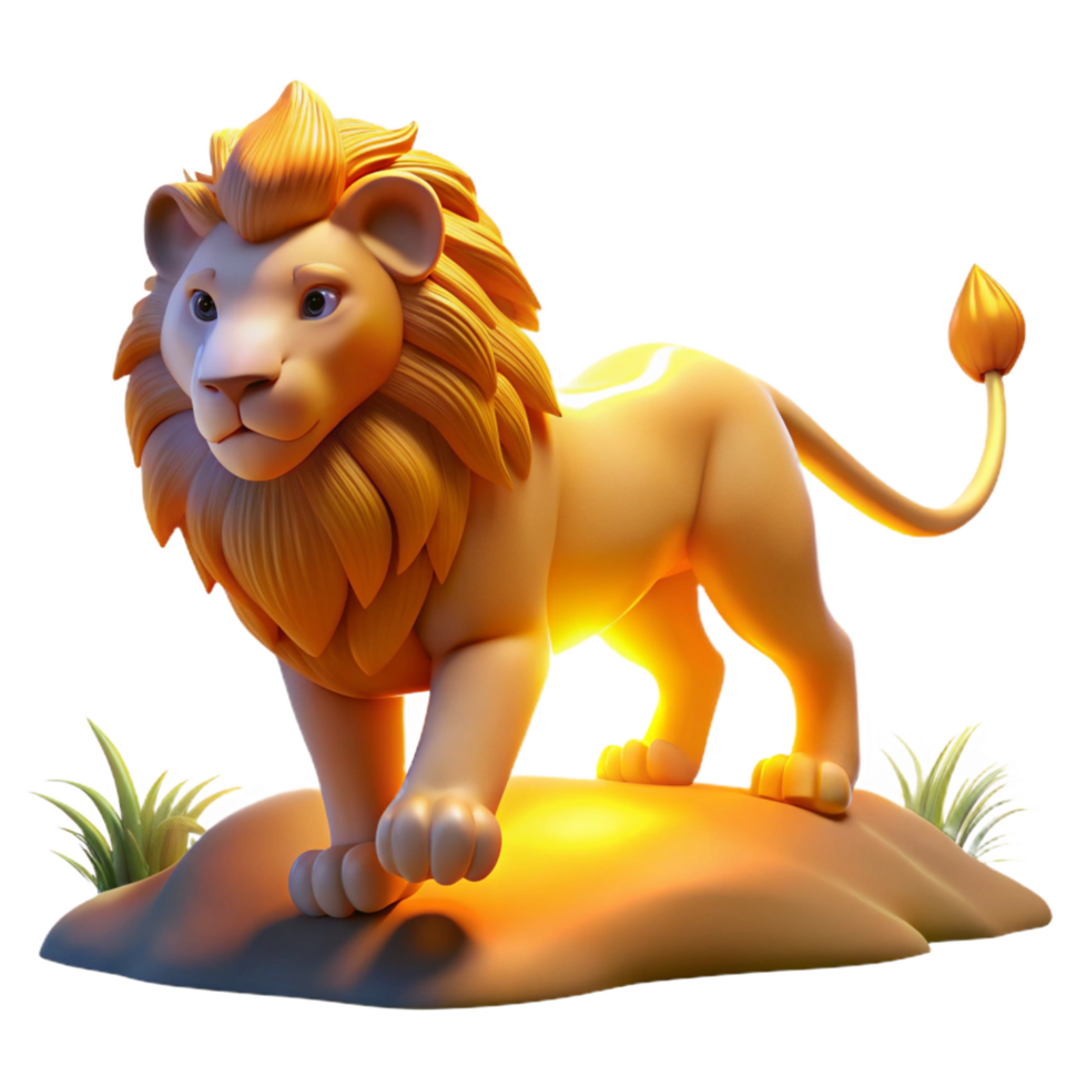 Cute 3D Lion Cub on Hilltop An adorable lion cub navigating a world of hilltops, captured in a whimsical three-dimensional render. png