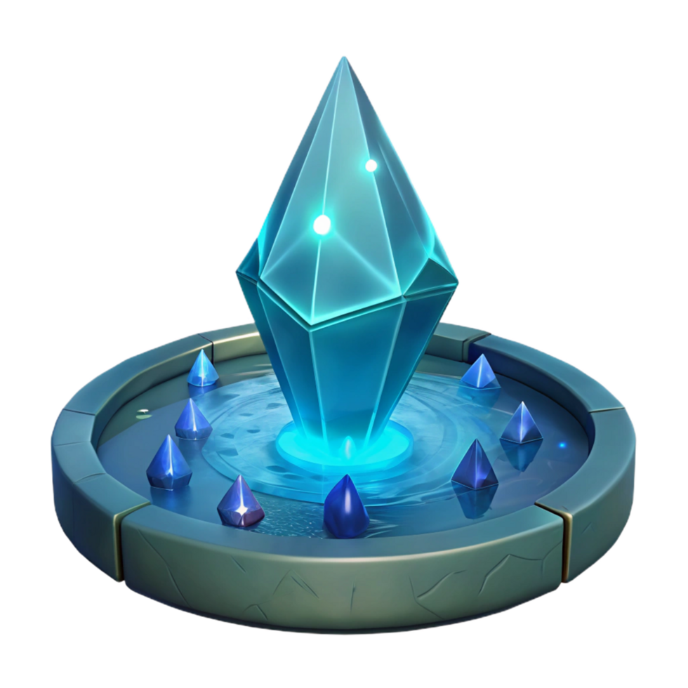 Mystic Crystal Fountain A mystical 3D render of a crystal fountain, capturing its enchanting beauty and magical atmosphere. png