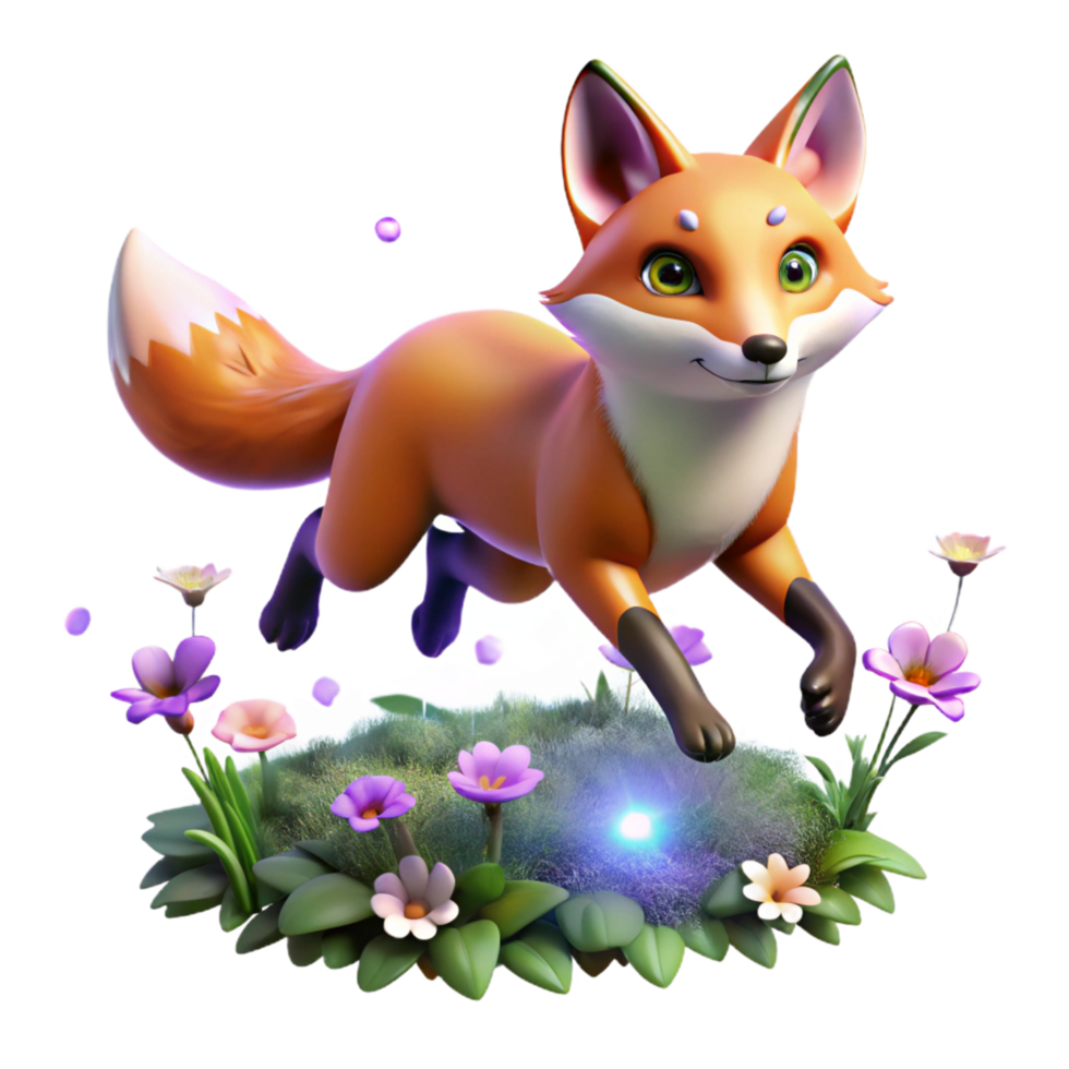 Cute Fox in a Flower Garden An adorable 3D depiction of a fox in a flower garden, highlighting its playful and enchanting presence. png