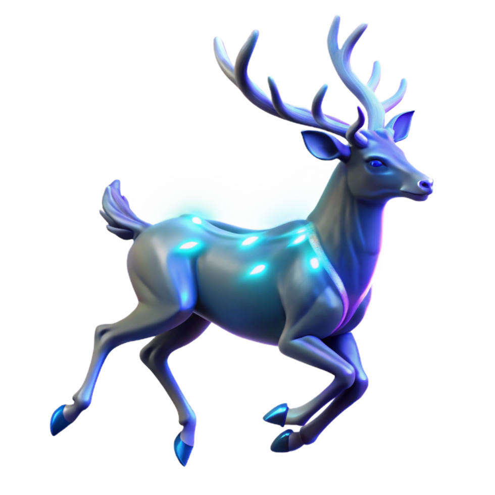 Glowing Deer in Motion A dynamic depiction of a deer navigating the digital forest, its fur glowing with vibrant colors in a stunning render. png