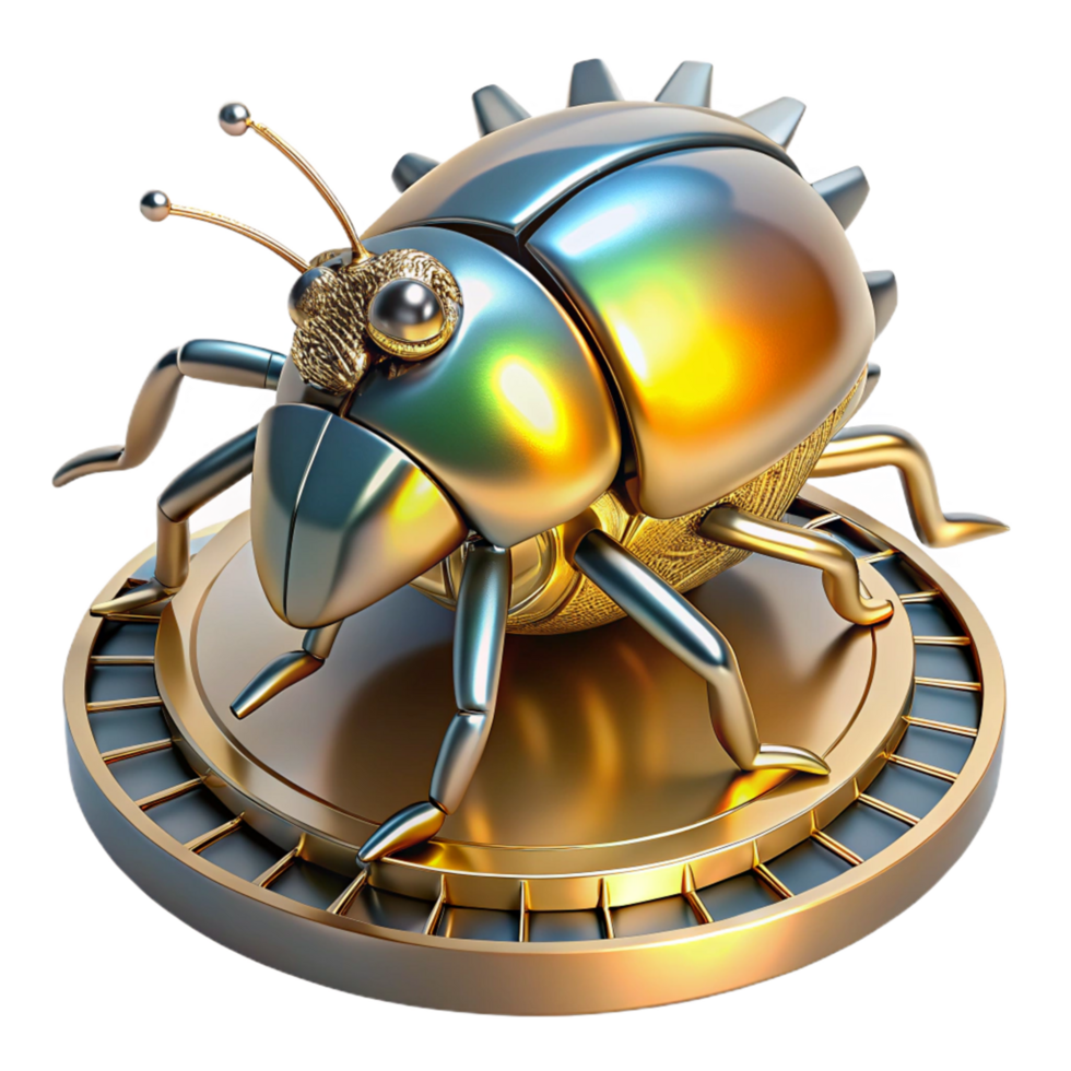 Metallic Insect Robot on Gold Platform with Futuristic Design and Intricate Details png