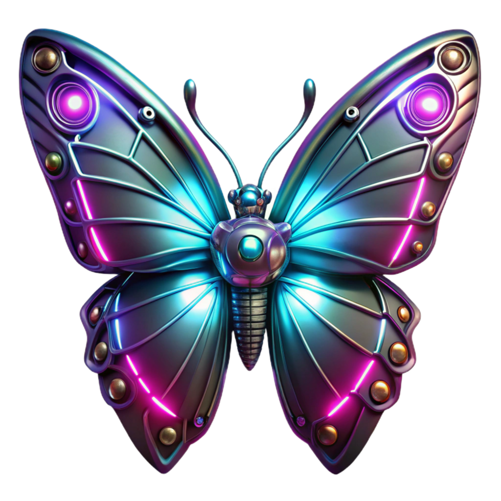 Cybernetic Butterfly Neon Wings - A futuristic depiction of a butterfly with neon wings showcasing advanced mechanical design and vibrant colors png