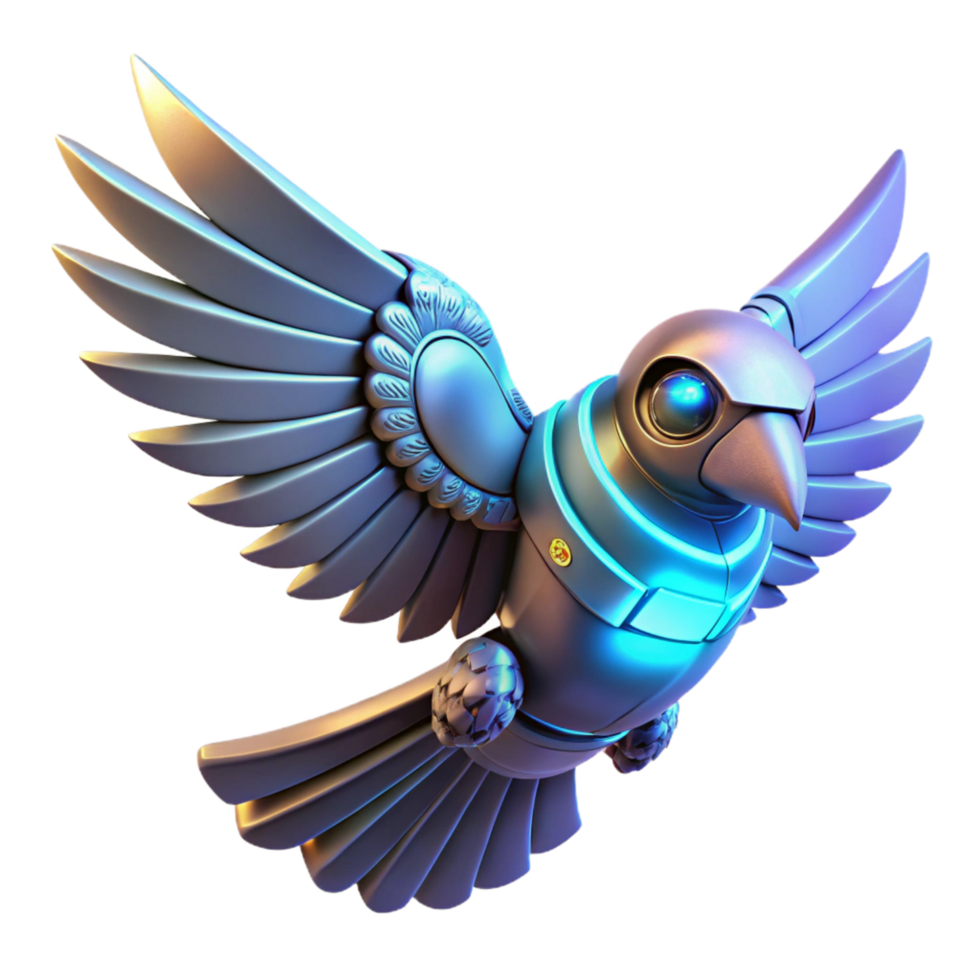 Metallic Bird Robot in Flight in a Futuristic Three Dimensional Scene of Design png