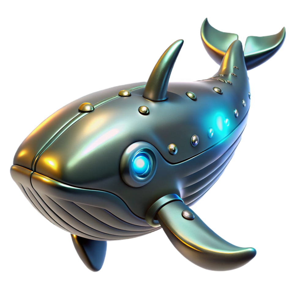Metallic Whale Robot 3D Render A futuristic whale crafted as a metallic robot, navigating the digital ocean with precision. png