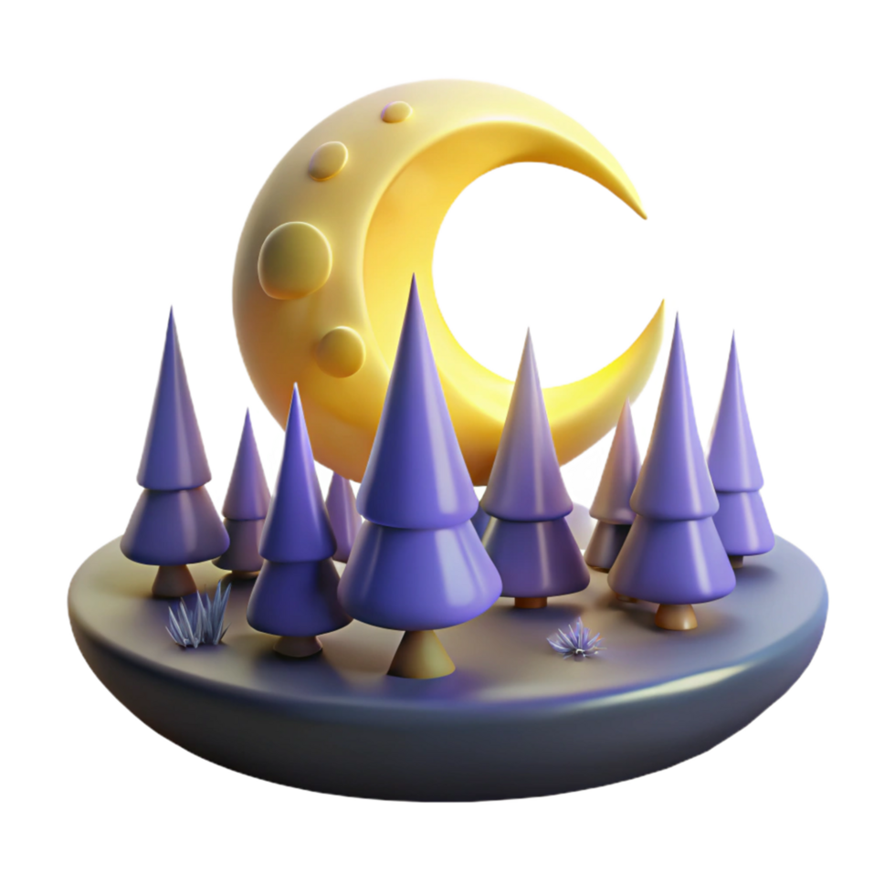 Crescent Moon over Purple Forest - A serene depiction of a crescent moon over a purple forest capturing the essence of tranquility and celestial beauty png