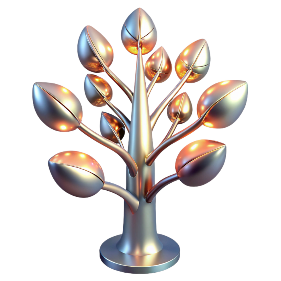 Glowing Metal Tree Sculpture - A stunning sculpture of a tree crafted in metal with glowing elements creating a mystical and modern presence png