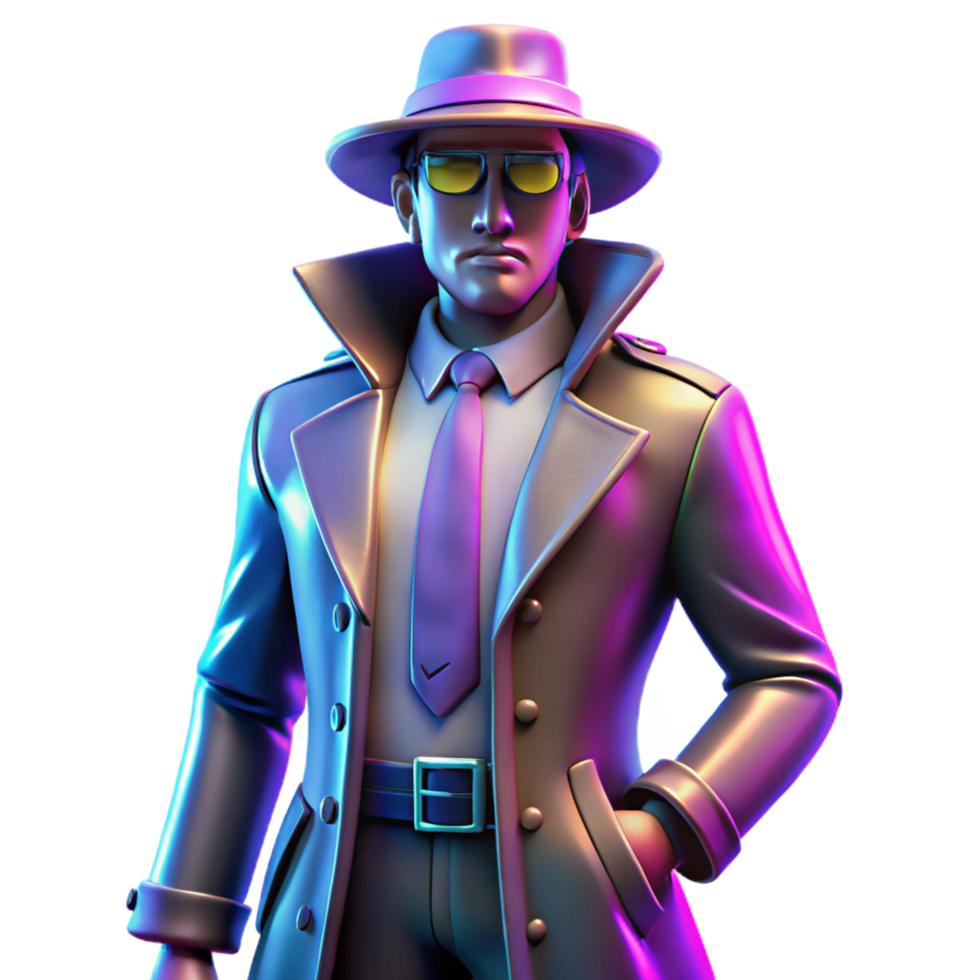 Sleuth in Neon 3D Render A stylish 3D depiction of a detective in a neon-lit environment, blending mystery with modern aesthetics. png