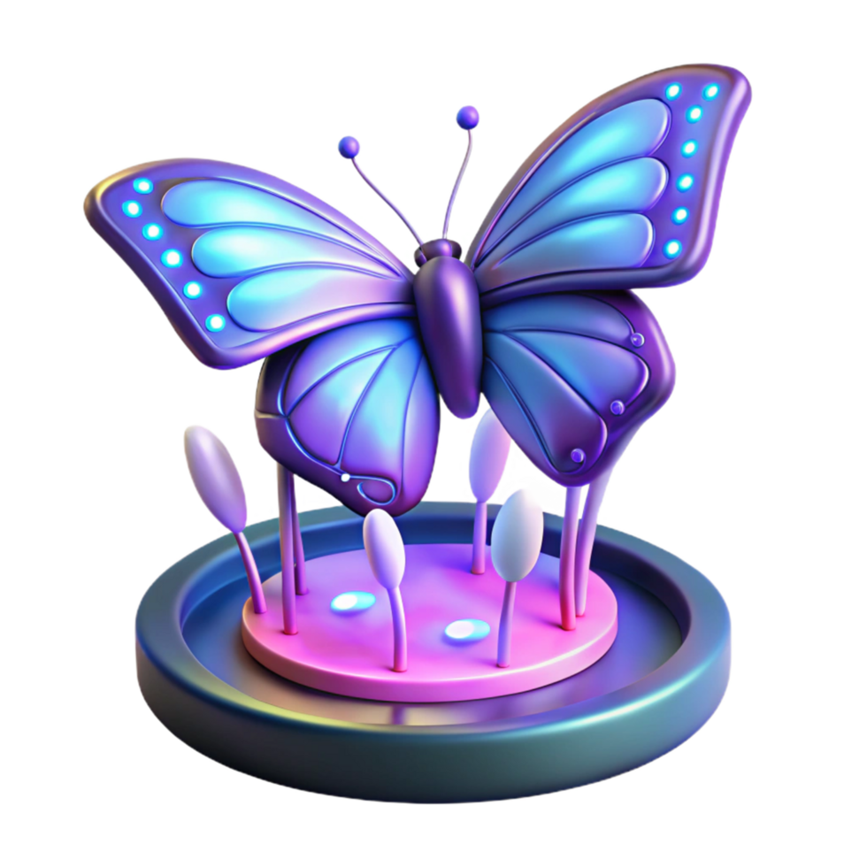 Glowing Butterfly on Platform A luminous 3D depiction of a butterfly on a platform, highlighting its glowing features and enchanting presence. png