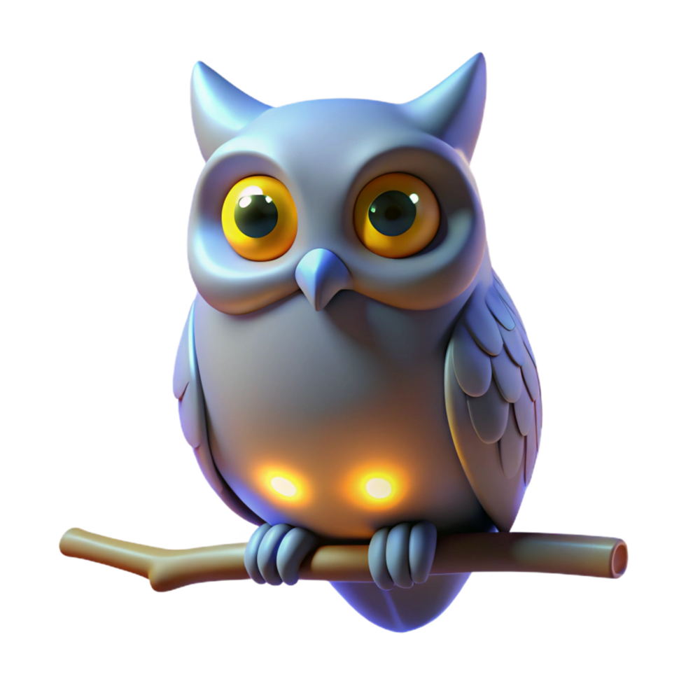 Cute Cartoon Owl 3D Render - An adorable 3D render of a cartoon owl with exaggerated features and playful expression png