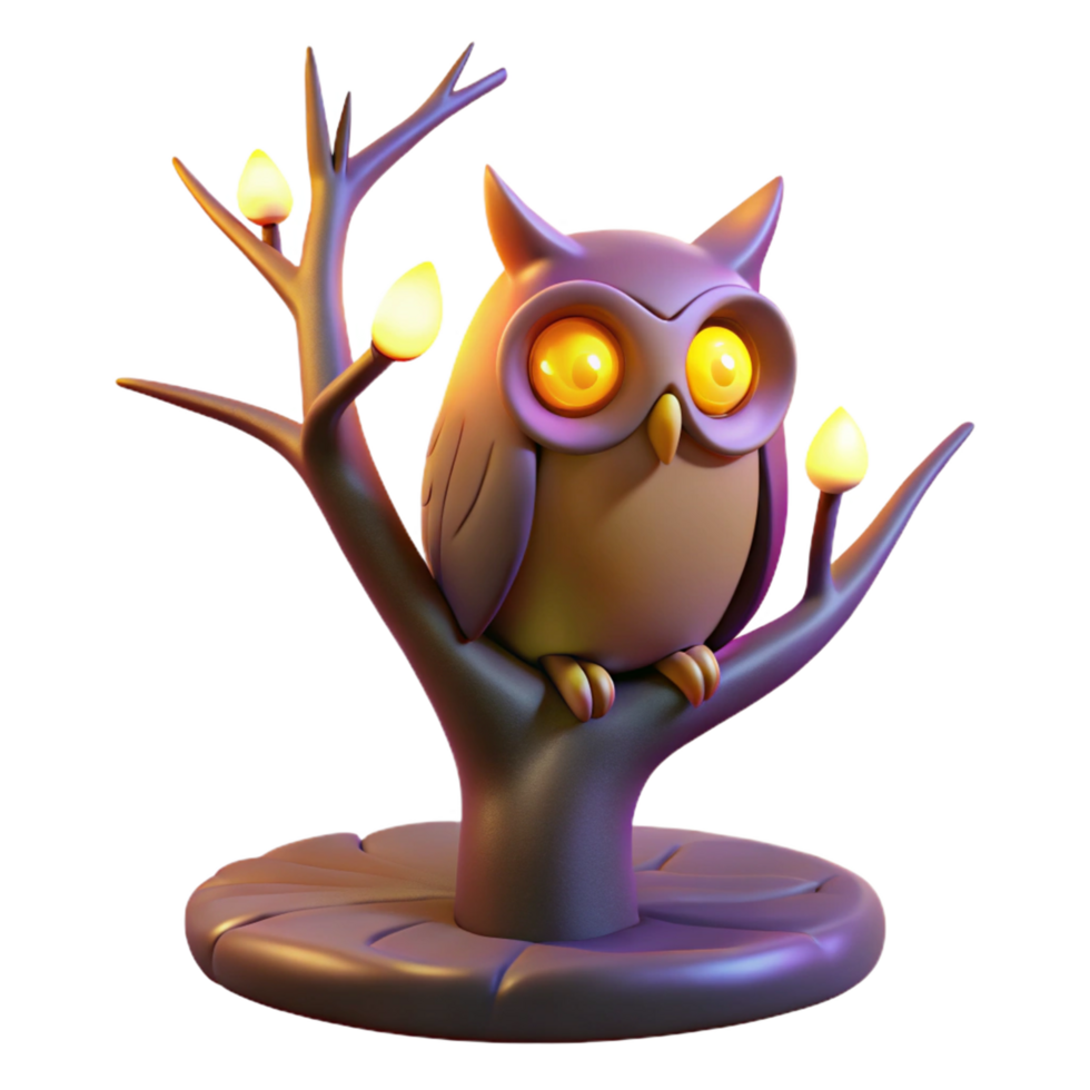 Glowing Owl on Tree 3D Render A luminous 3D depiction of an owl on a tree, highlighting its glowing features and enchanting presence. png