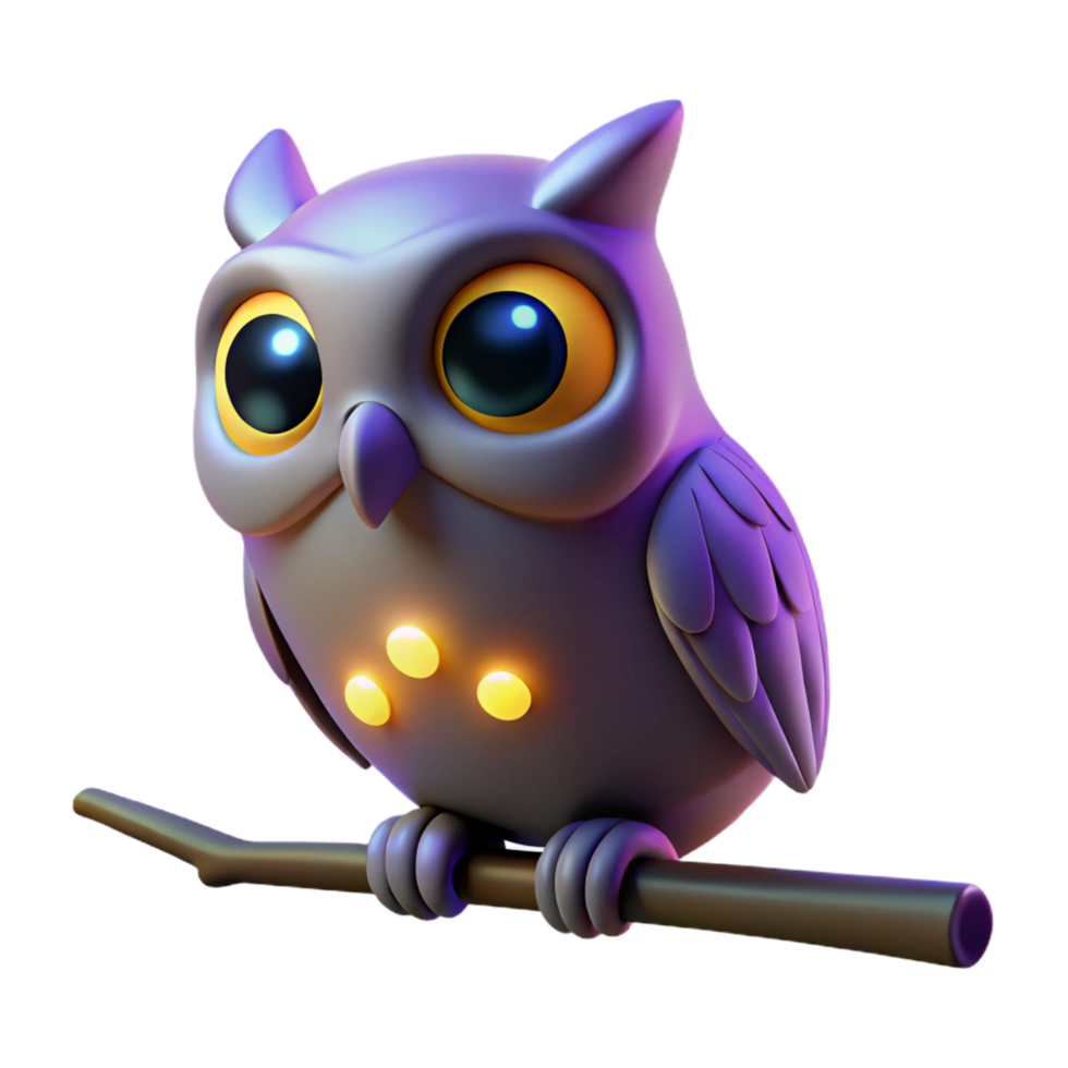 Cute 3D Owl on Branch - An adorable 3D render of an owl perched on a branch capturing its playful and endearing nature png