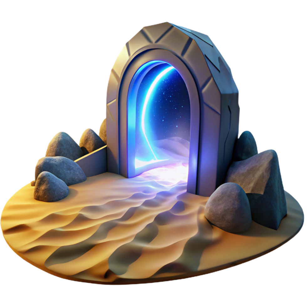 Nebula Gateway in Desert Sands A dynamic depiction of a gateway navigating a world of desert sands, captured in a stunning three-dimensional render. png