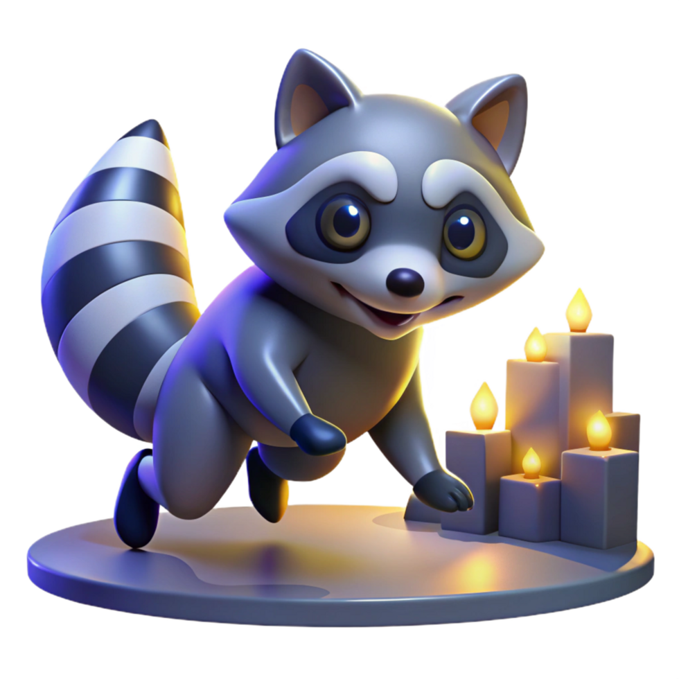 Cute Raccoon Candles 3D Render An adorable 3D depiction of a raccoon with candles, highlighting its playful and enchanting presence. png