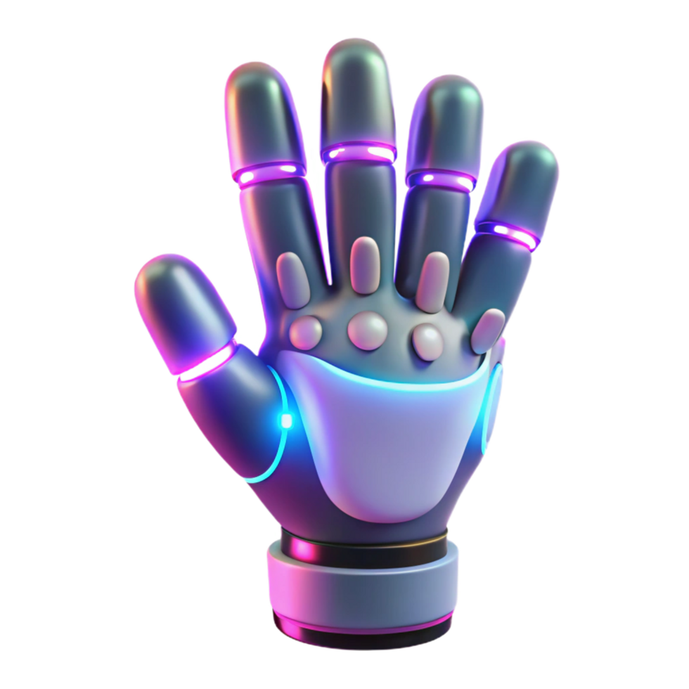 Neon Robotic Hand 3D Render - A vibrant 3D render of a robotic hand illuminated with neon colors highlighting its futuristic design and advanced features png