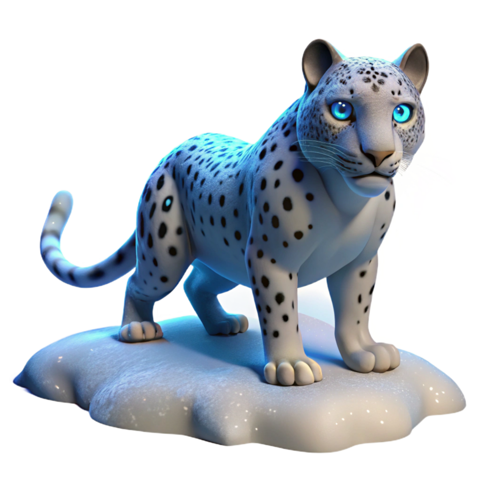 Cute Snow Leopard Cub on Snow An adorable 3D render of a snow leopard cub on snow, capturing its playful and endearing nature. png