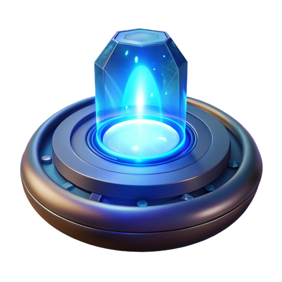 Glowing Crystal on Futuristic Platform A radiant crystal navigating a world of futuristic platforms, its surface glowing with vibrant colors in a digital world. png